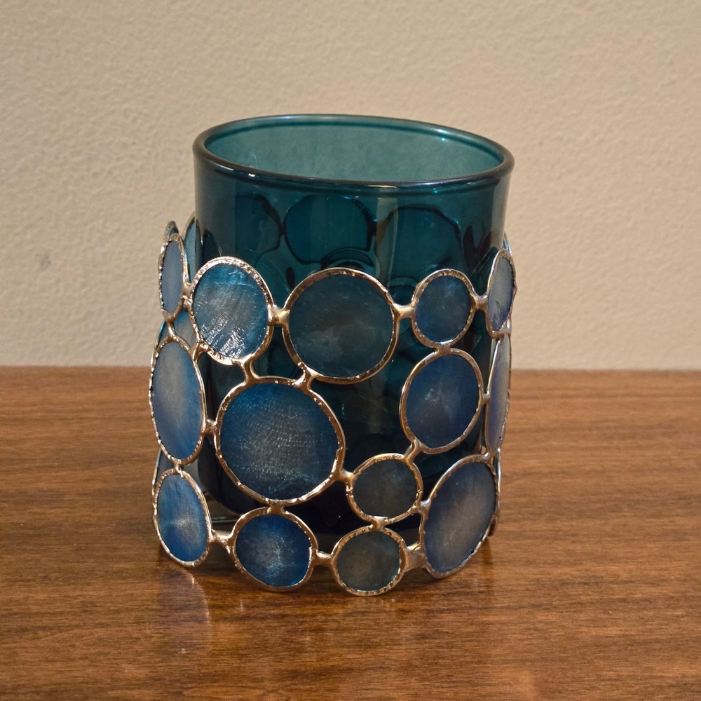 Teal Blue Glass Votive Candle Holder with Silver Circle Shell Sleeve Set